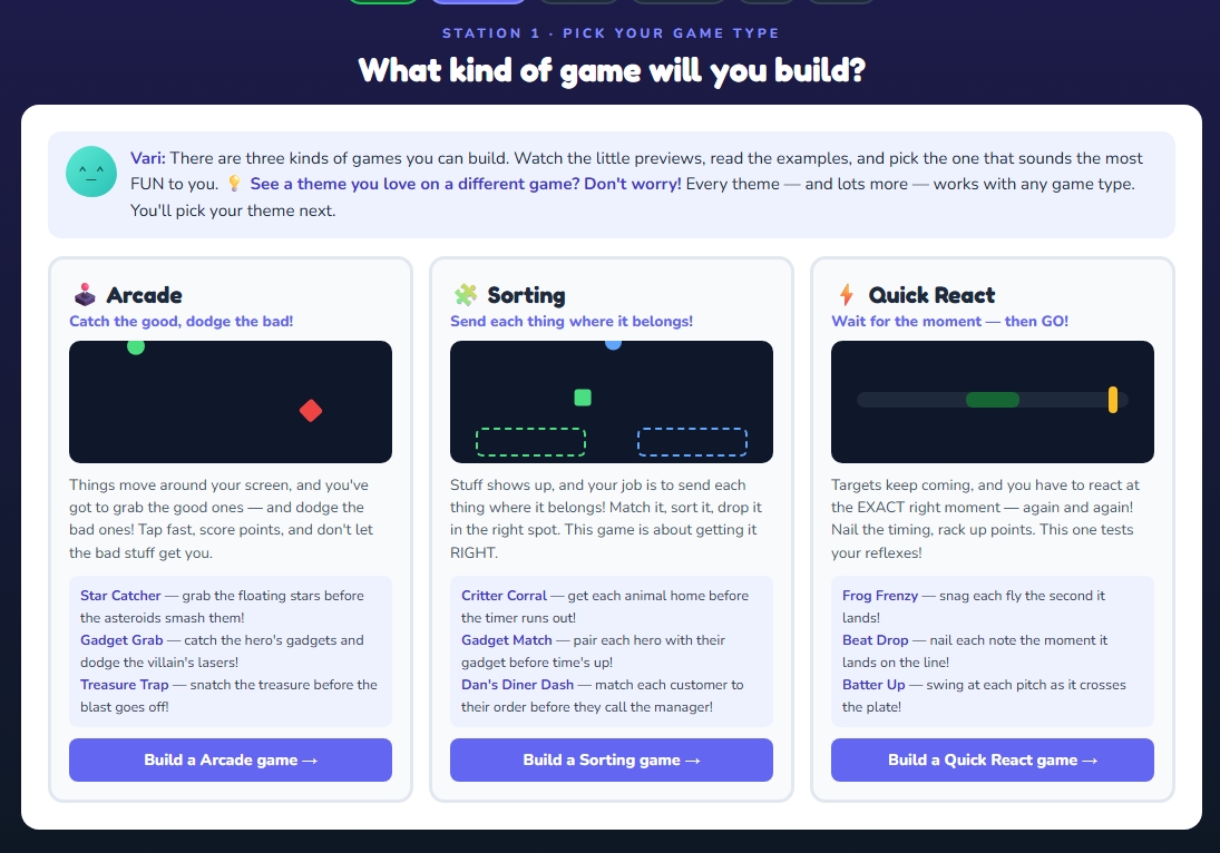CodeWorld game builder: students choose between arcade, sorting, and quick-react game types, guided by Vari