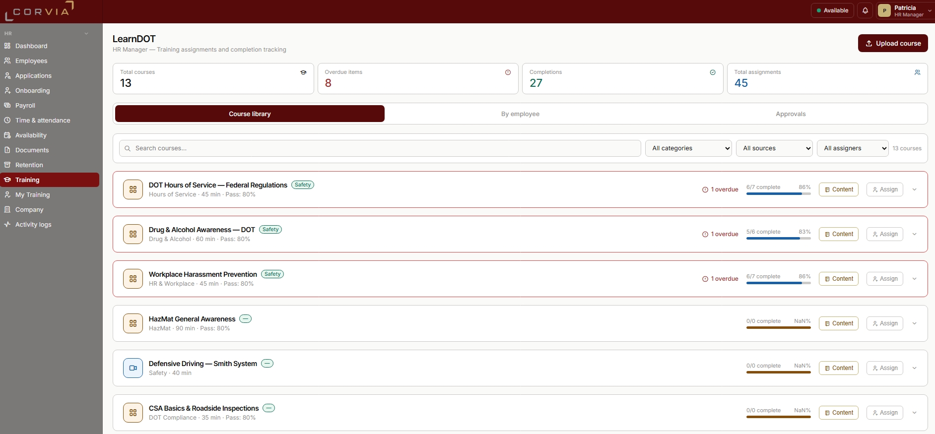 Corvia LearnDOT module: HR manager view of the training course library with assignments, completion rates, and overdue items
